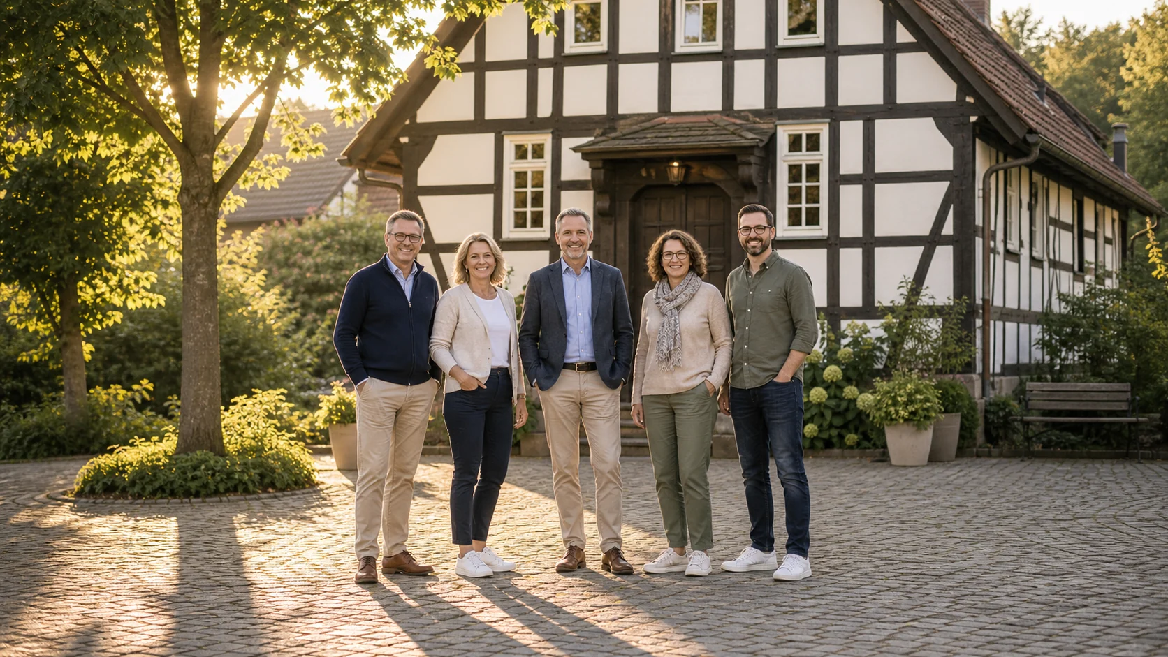 Vorstand vor traditionellem Fachwerk-Vereinshaus in der Abendsonne
